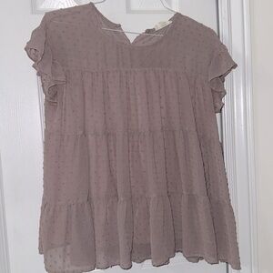 Entro taupe ruffle sleeve Swiss dot loose blouse size large